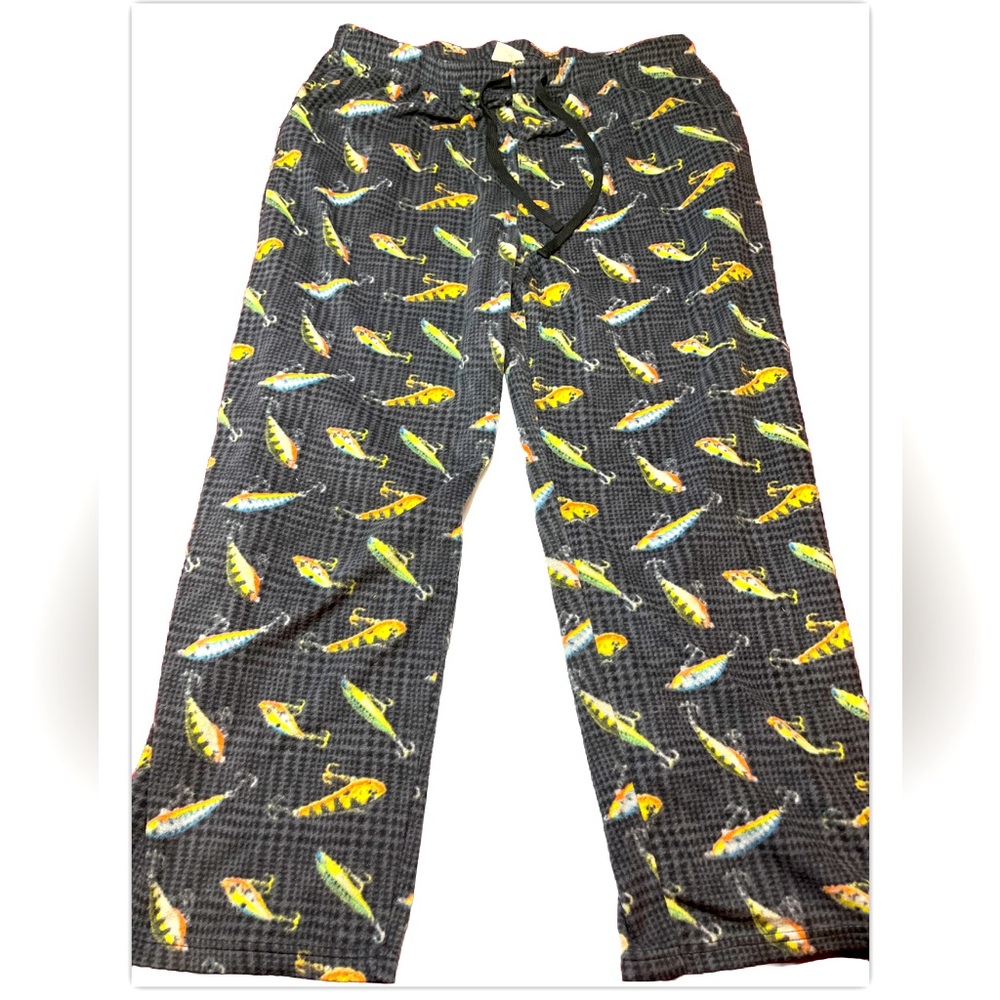 Fishing lure gray fleece cozy PANTS LOUNGE PJS Tie Waist,  NorthCrest 2XL mens